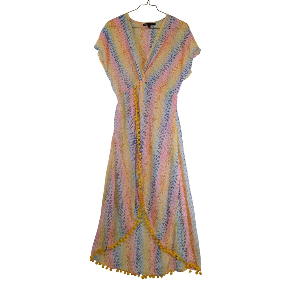 America & Beyond Rainbow Stripe Pom Pom Trim Maxi Dress Beach Cover Up Womens Lg